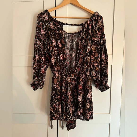 Free People Women's Floral Boho Open Back Long Sleeve Short Romper Medium - Picture 4 of 7